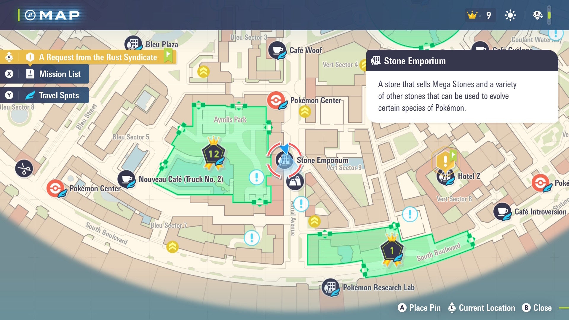 Расположение Stone Emporium показано на карте Lumiose City в Pokémon Legends Z-A