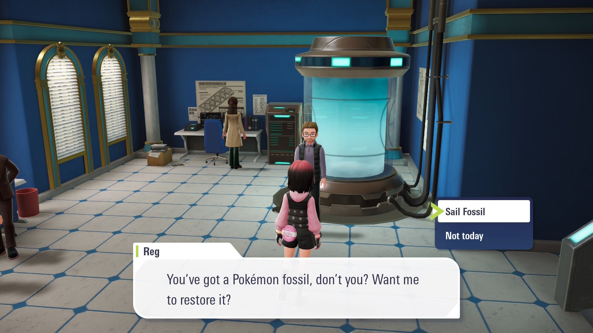 Игрок беседует с NPC Исследовательской лаборатории покемонов, который восстанавливает окаменелости в Pokémon Legends Z-A