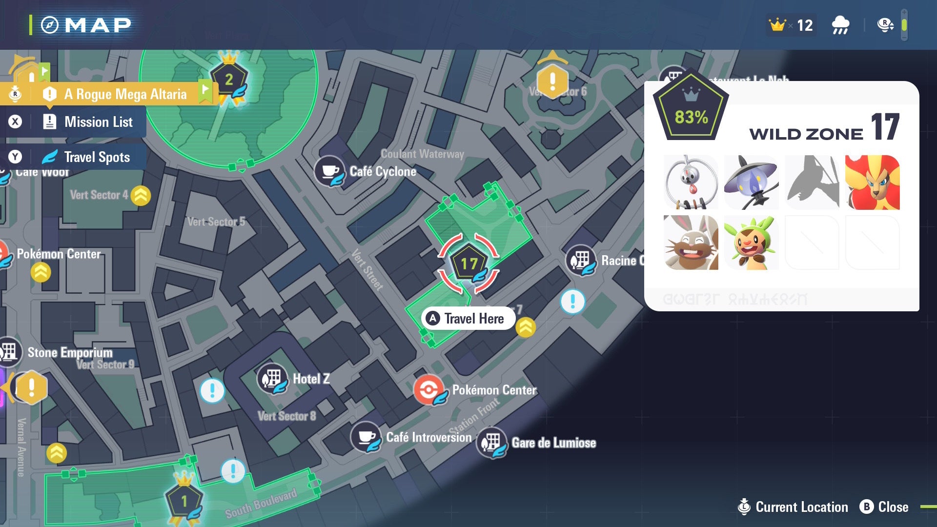 Дикая зона 17, где можно найти Lampent, показана на карте Lumiose City в Pokémon Legends Z-A