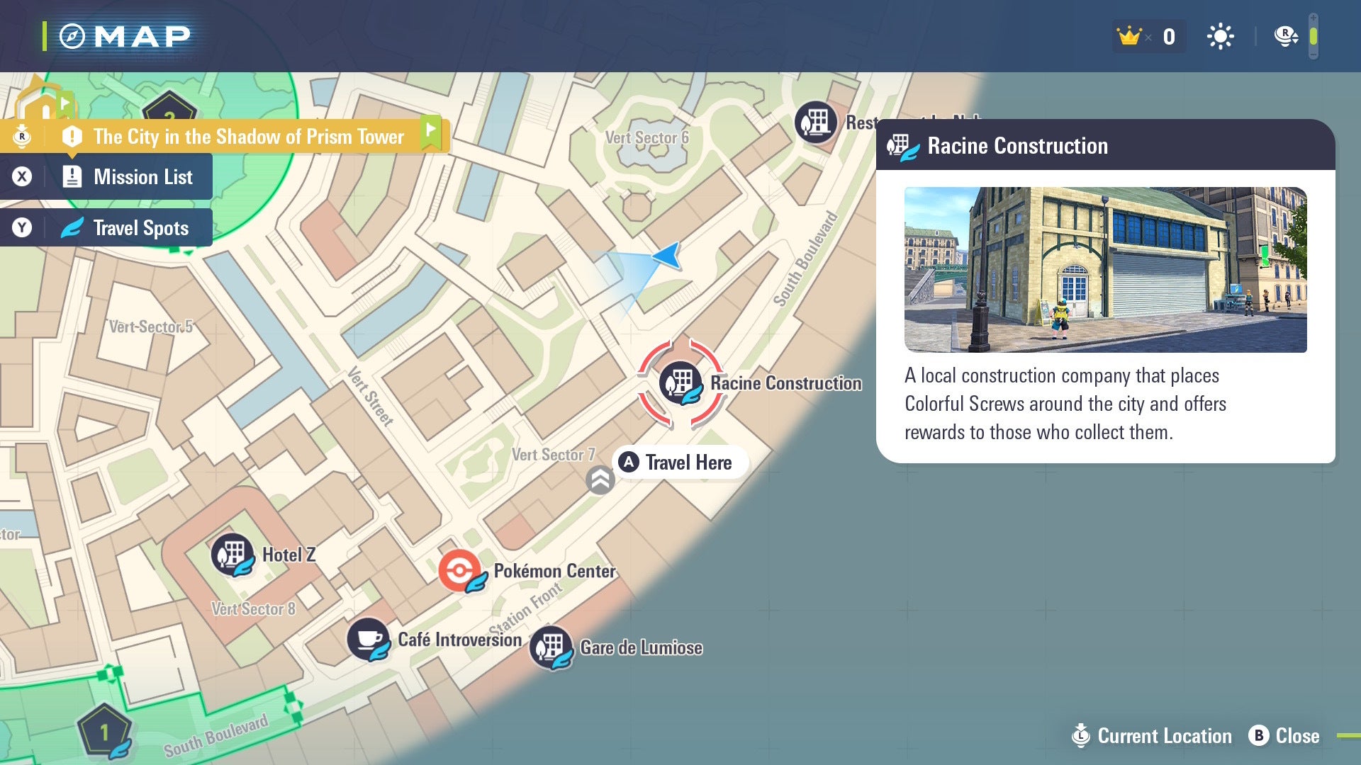 На карте Lumiose City показано местоположение Racine Construction в Pokémon Legends Z-A