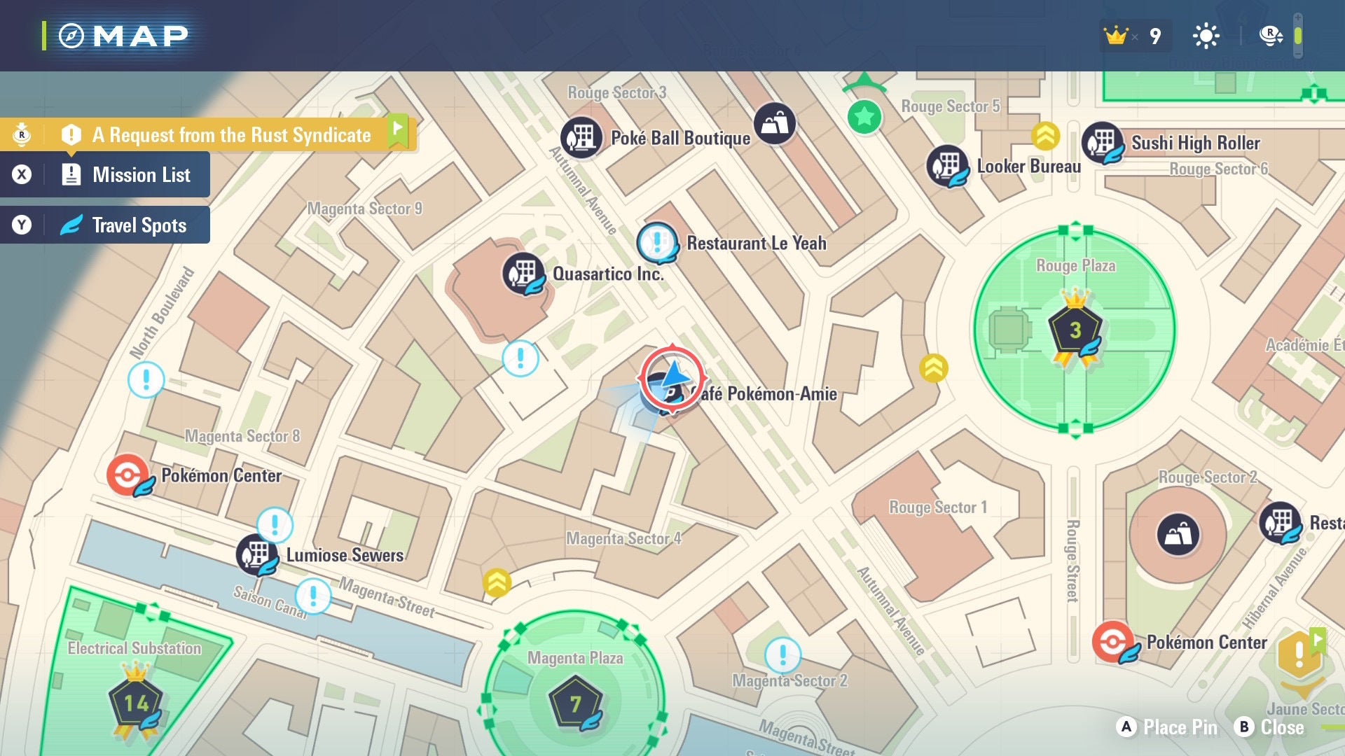 На карте Lumiose City показано расположение кафе Pokemon Amie в Pokémon Legends Z-A