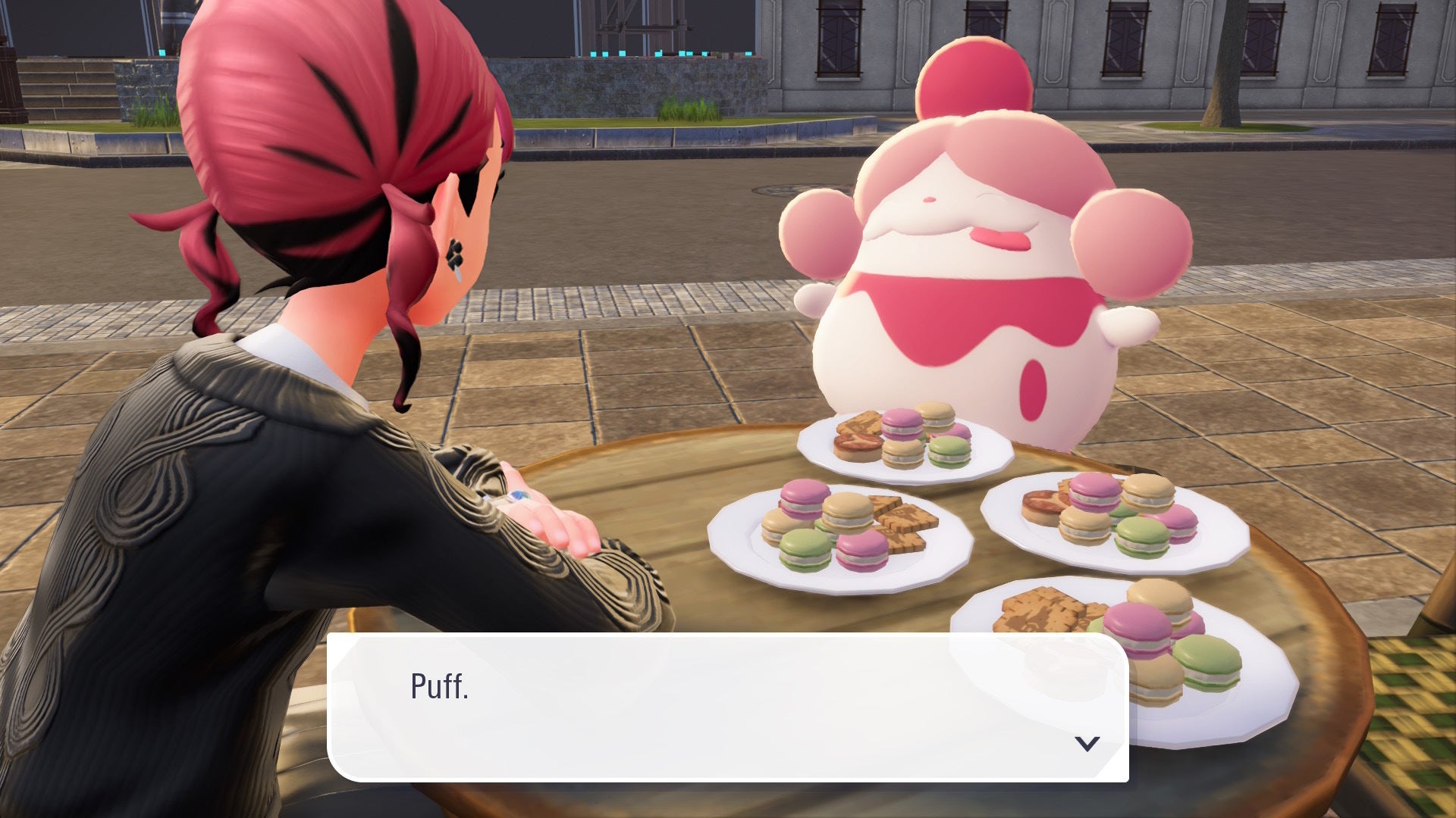 Игрок общается со Слёрпаффом в кафе в Pokémon Legends Z-A