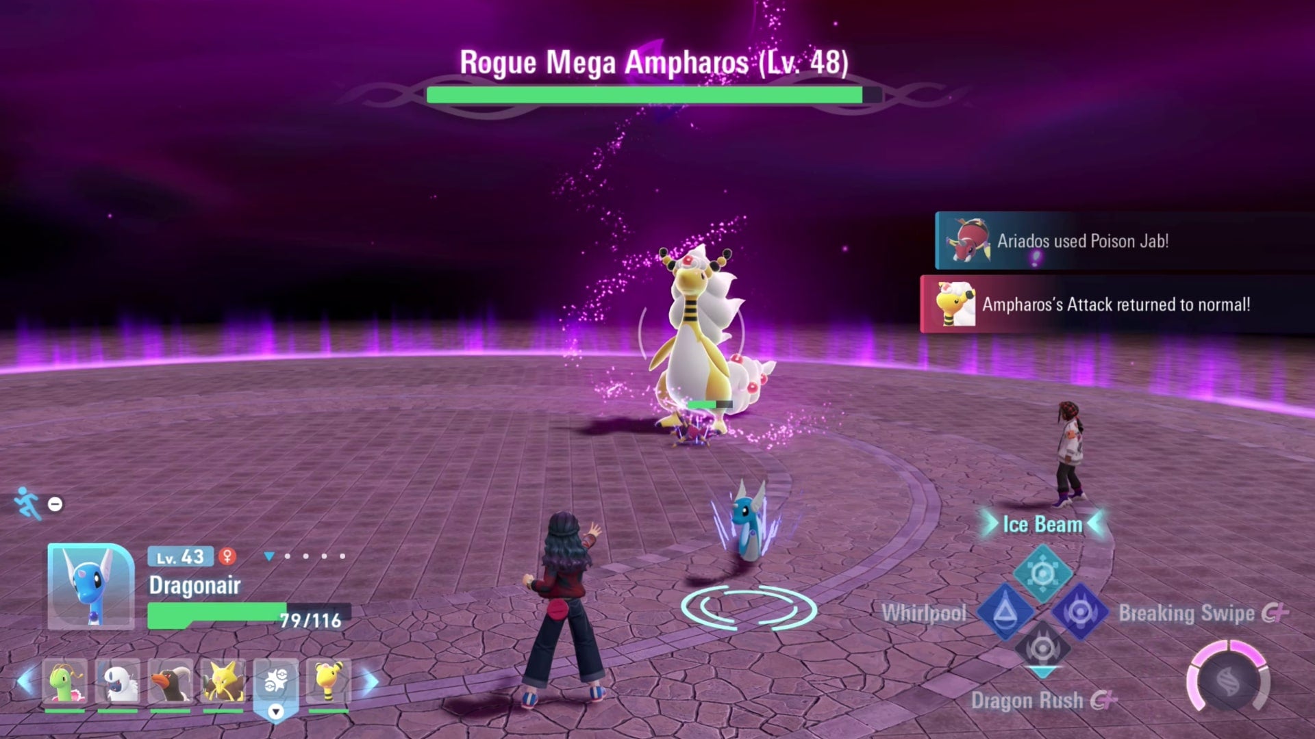 Тренер и Нэвеен сражаются с Rogue Mega Ampharos в Pokémon Legends Z-A