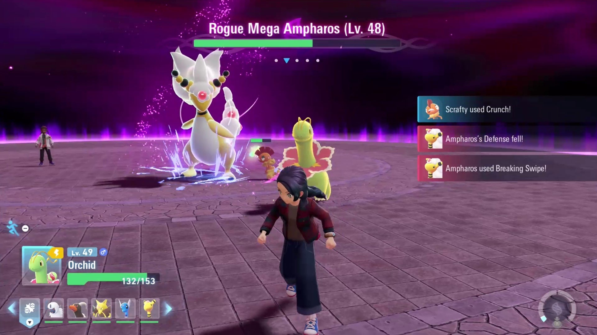 Тренер и Нэвеен сражаются с Rogue Mega Ampharos в Pokémon Legends Z-A