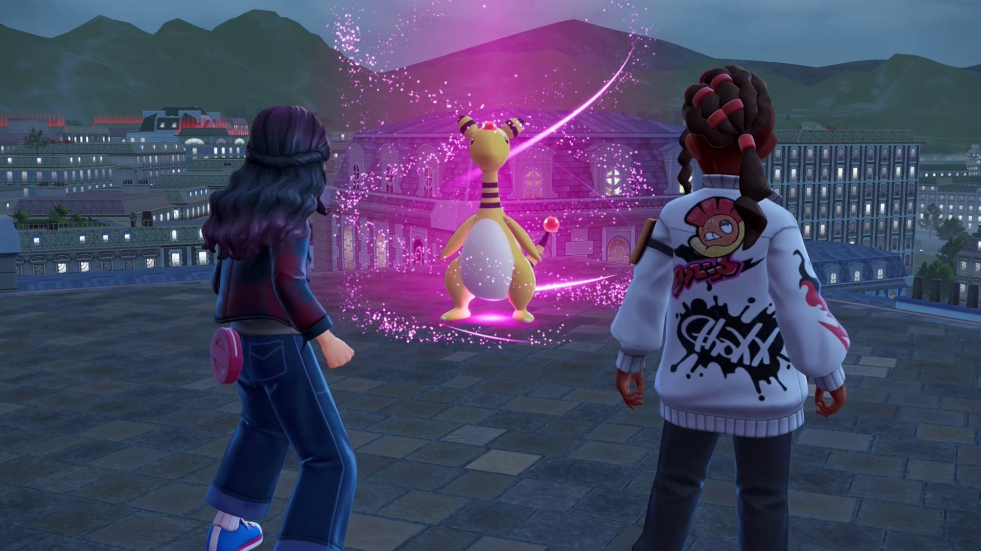 Тренер и Нэвеен приближаются к Rogue Mega Ampharos на крыше в Pokémon Legends Z-A