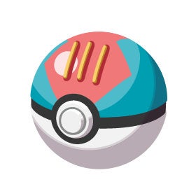 Lure Ball из Pokémon — красно‑сине‑оранжевый верх и белая нижняя часть.
