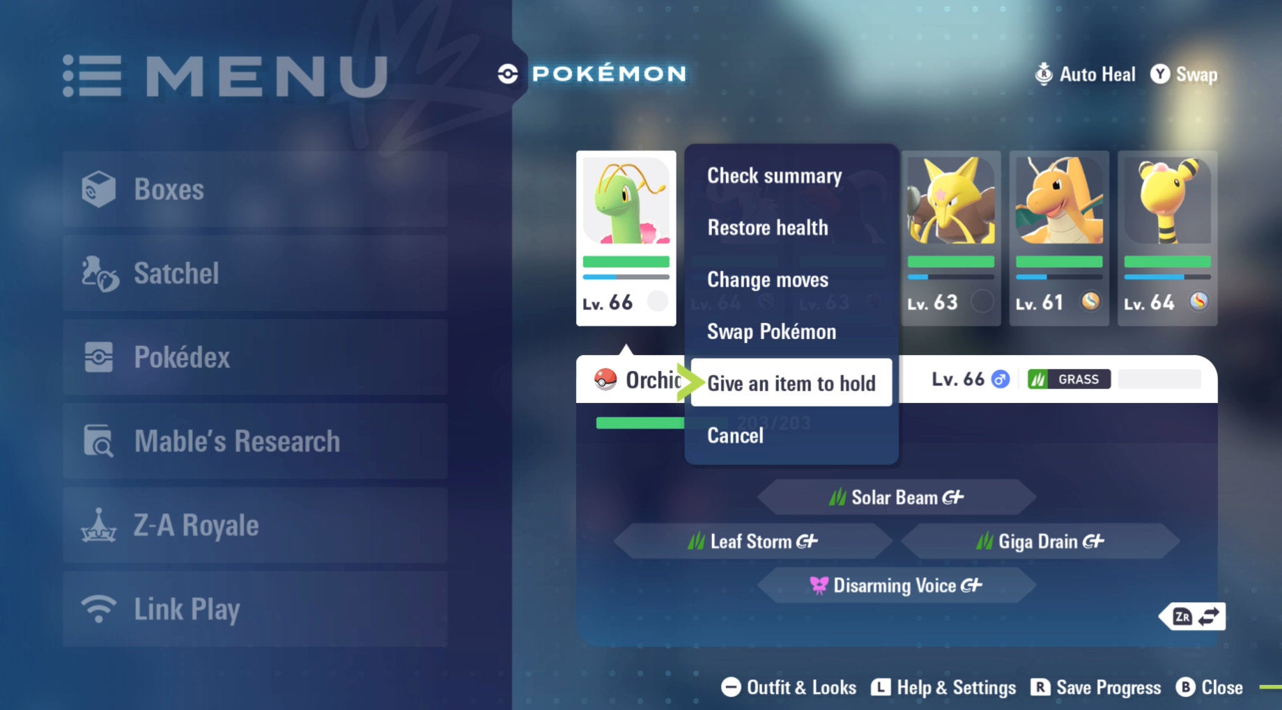 Опция меню «Дать предмет для удержания» в Pokémon Legends: Z-A.