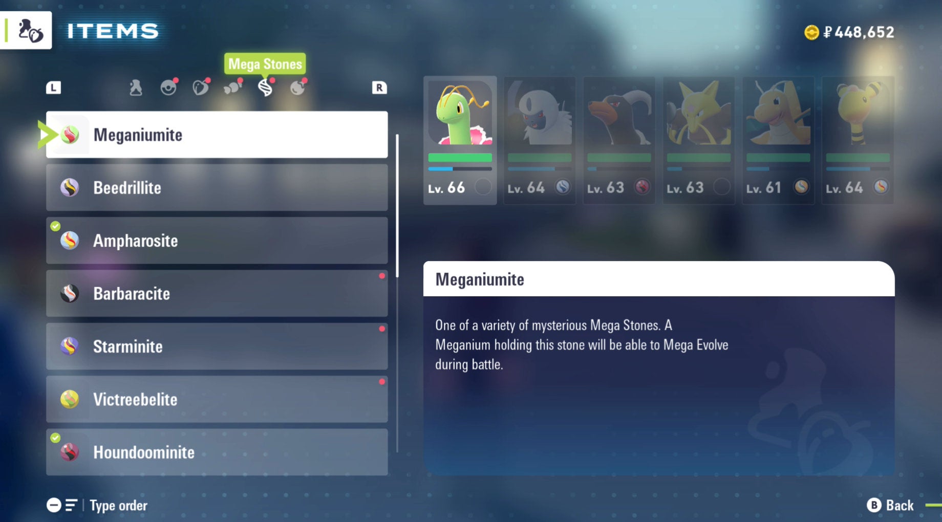 Меню предметов с мегакамнями в Pokémon Legends: Z-A.