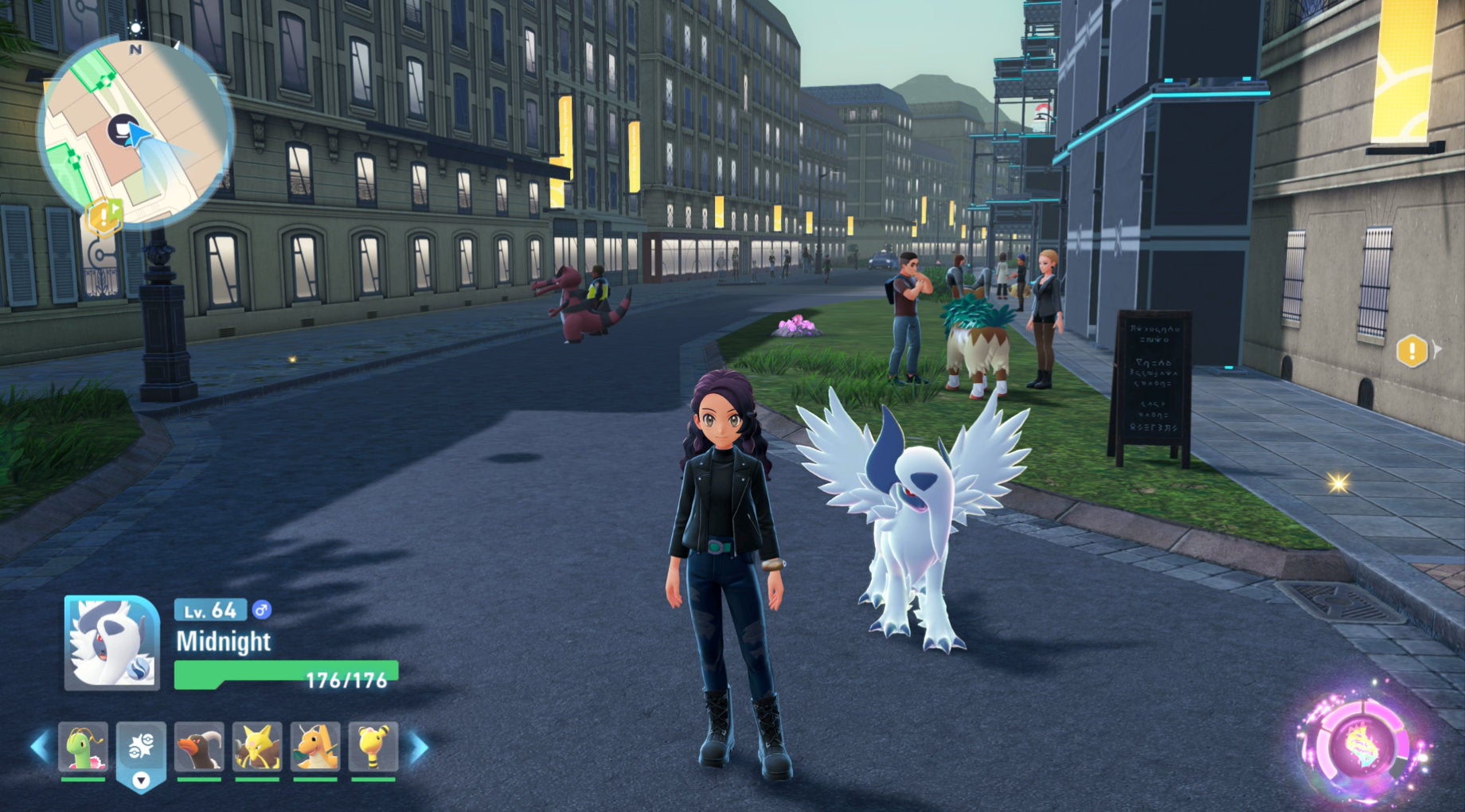 Mega Absol и Lottie гуляют по Lumiose City в Pokémon Legends: Z-A.