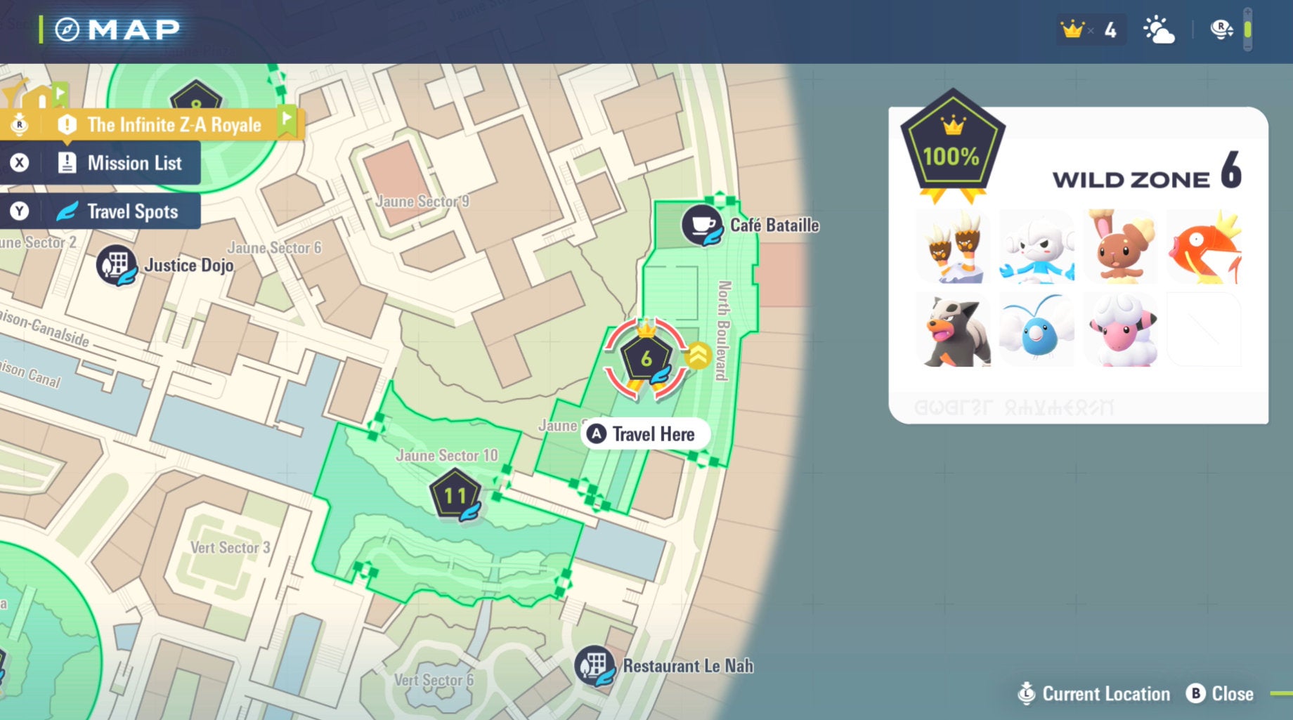 Расположение Дикой Зоны 6 с показом её покемонов в Pokémon Legends: Z-A.