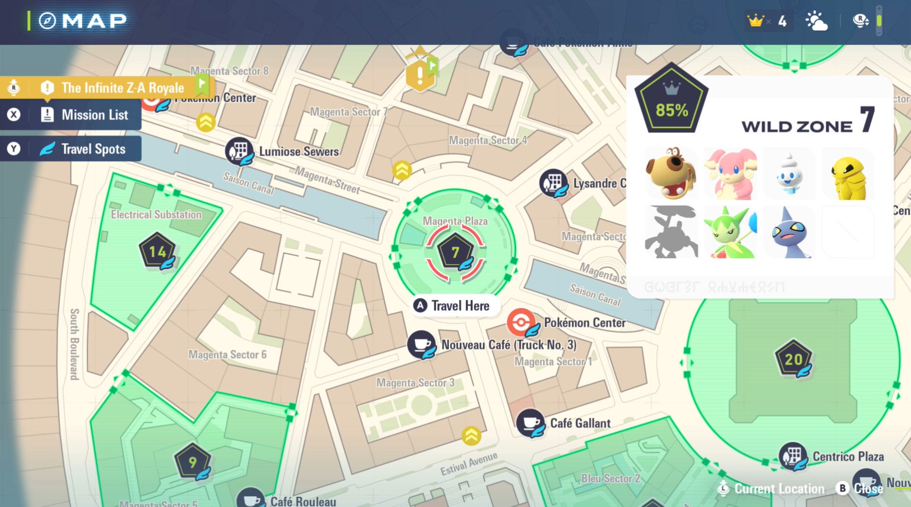 Расположение Wild Zone 7, показывающее его покемонов, в Pokémon Legends: Z-A.