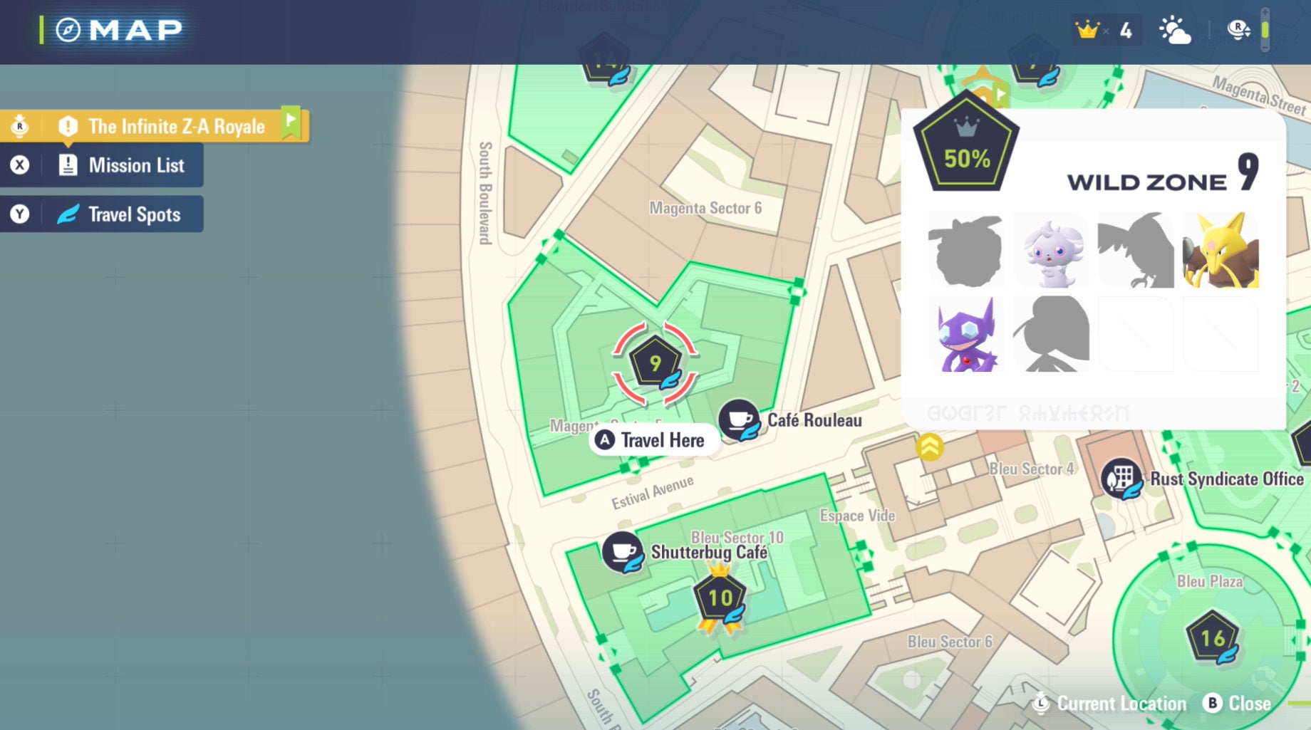 The location of Wild Zone 9, showcasing its Pokémon, in Pokémon Legends: Z-A