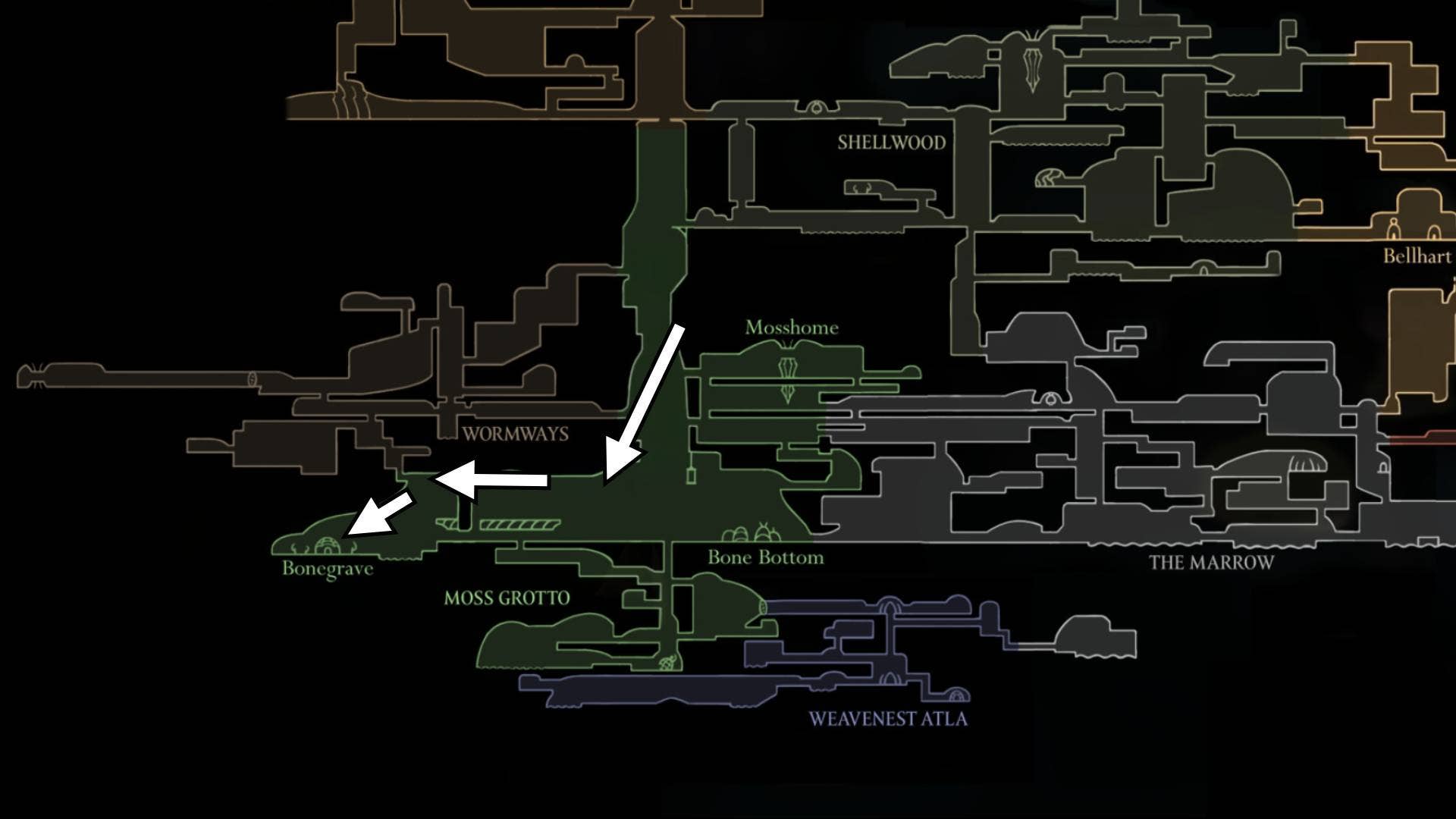 На карте показан путь в Wormways без необходимости в Simple Key в Hollow Knight: Silksong