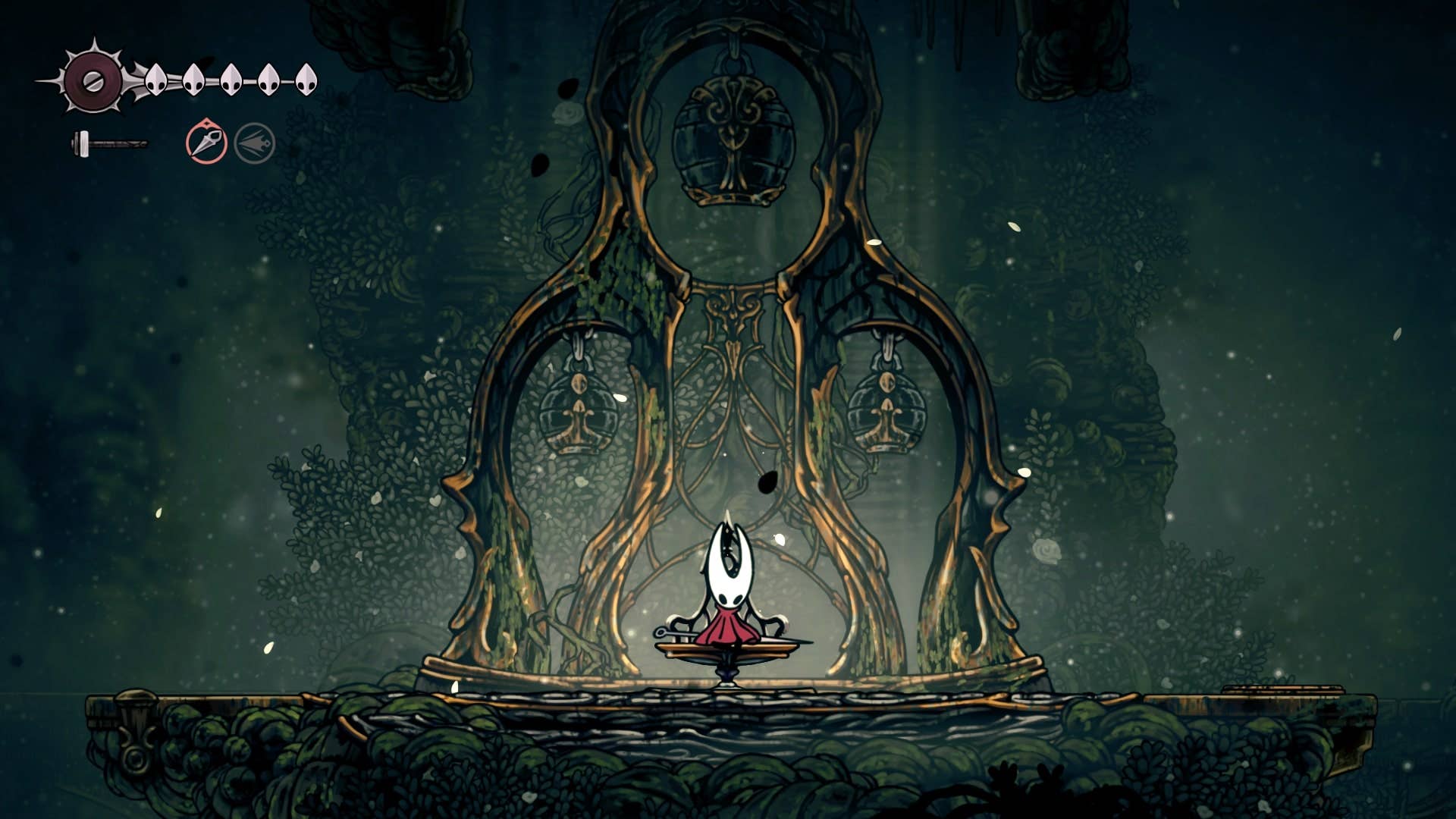 Хорнет сидит на скамейке в Shellwood в Hollow Knight: Silksong