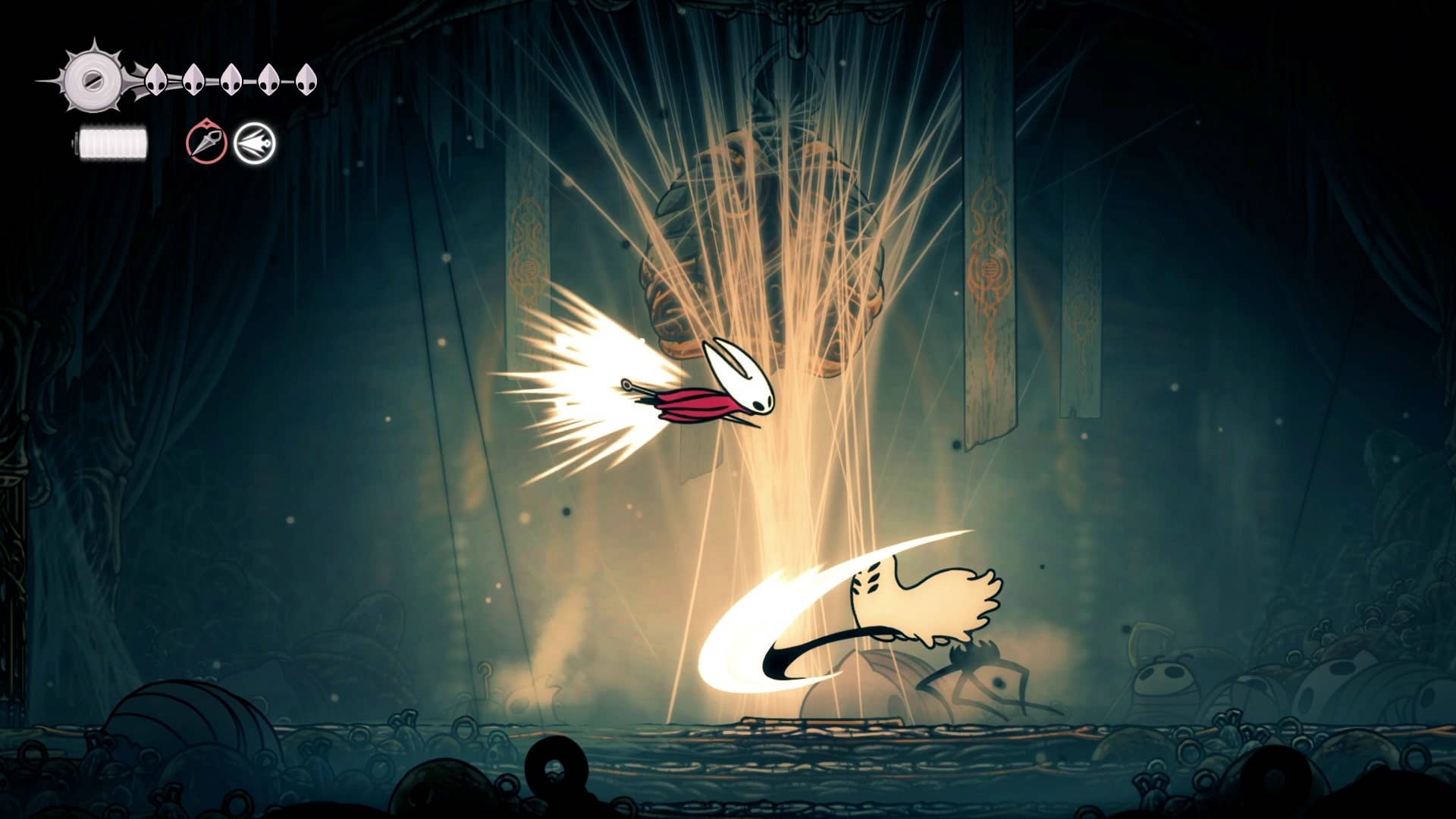 Hornet dashes over Widow's melee attack in Hollow Knight: Silksong