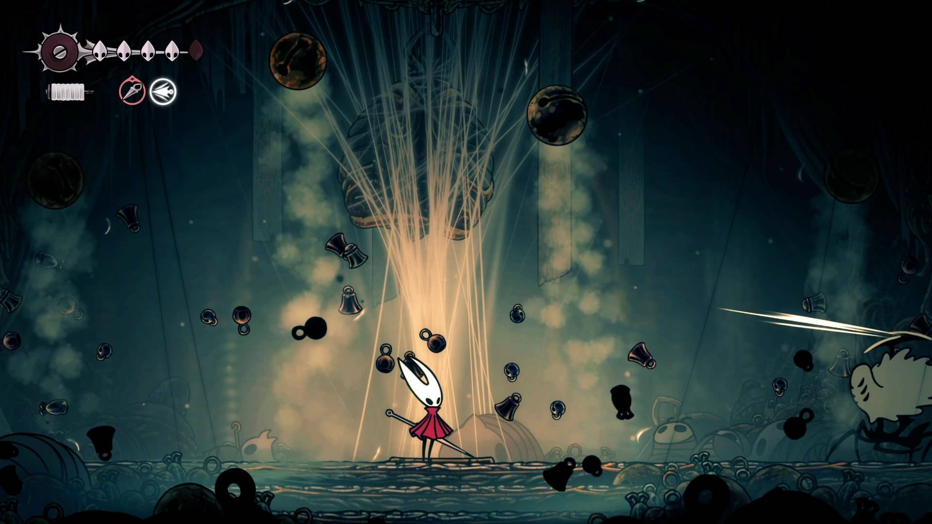 Hornet stands inbetween two of Widow's falling bells as she gears up for a melee attack in Hollow Knight: Silksong