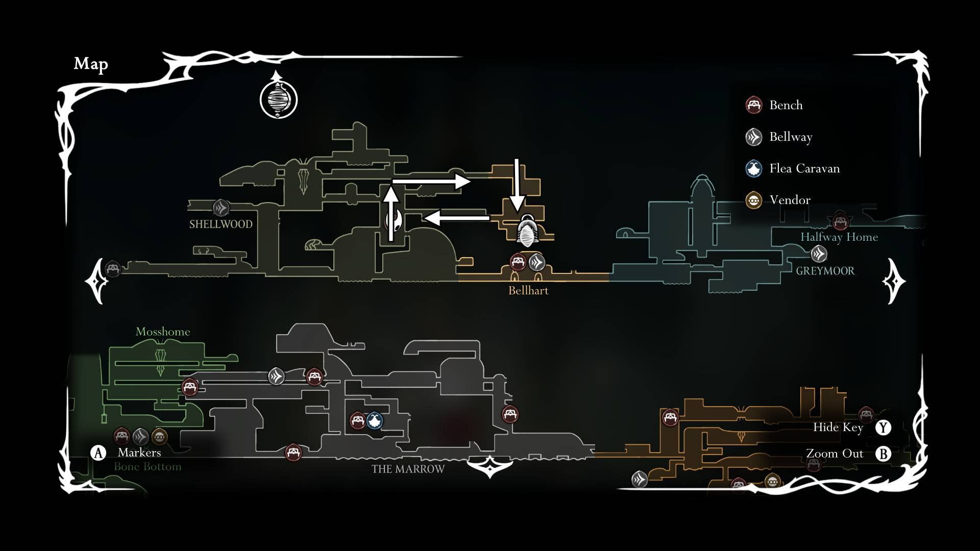 A map that shows a shortcut to the Shellwood Bench from Widow is shown in Hollow Knight: Silksong