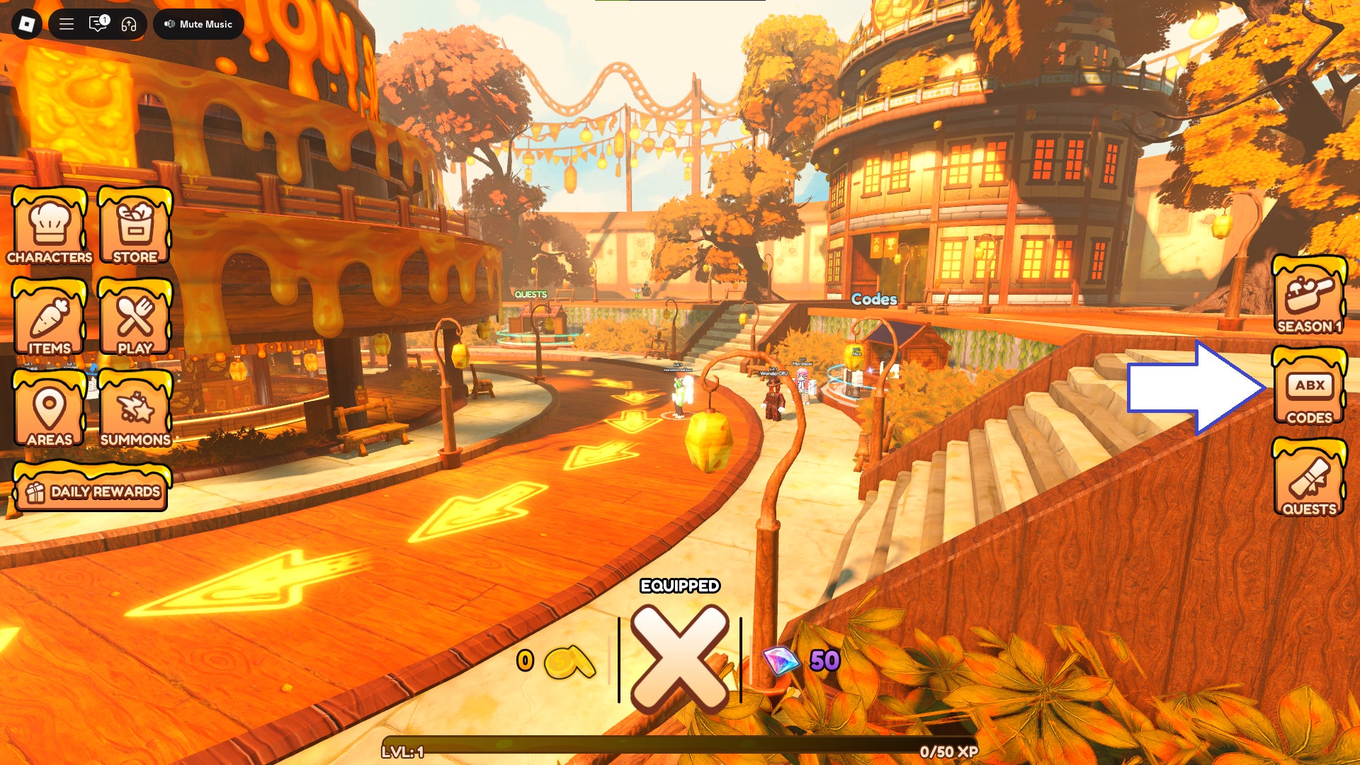 Скриншот Anime Chefs в Roblox, показывающий кнопку кодов в игре.