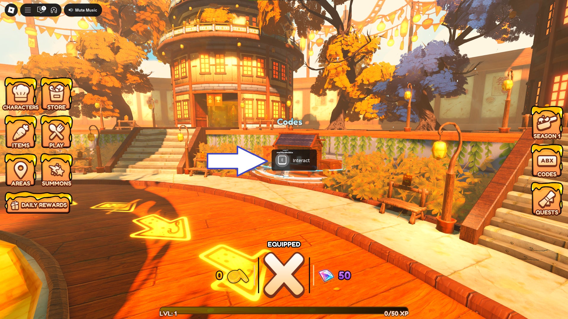 Скриншот Anime Chefs в Roblox, показывающий кнопку взаимодействия с NPC кодов.