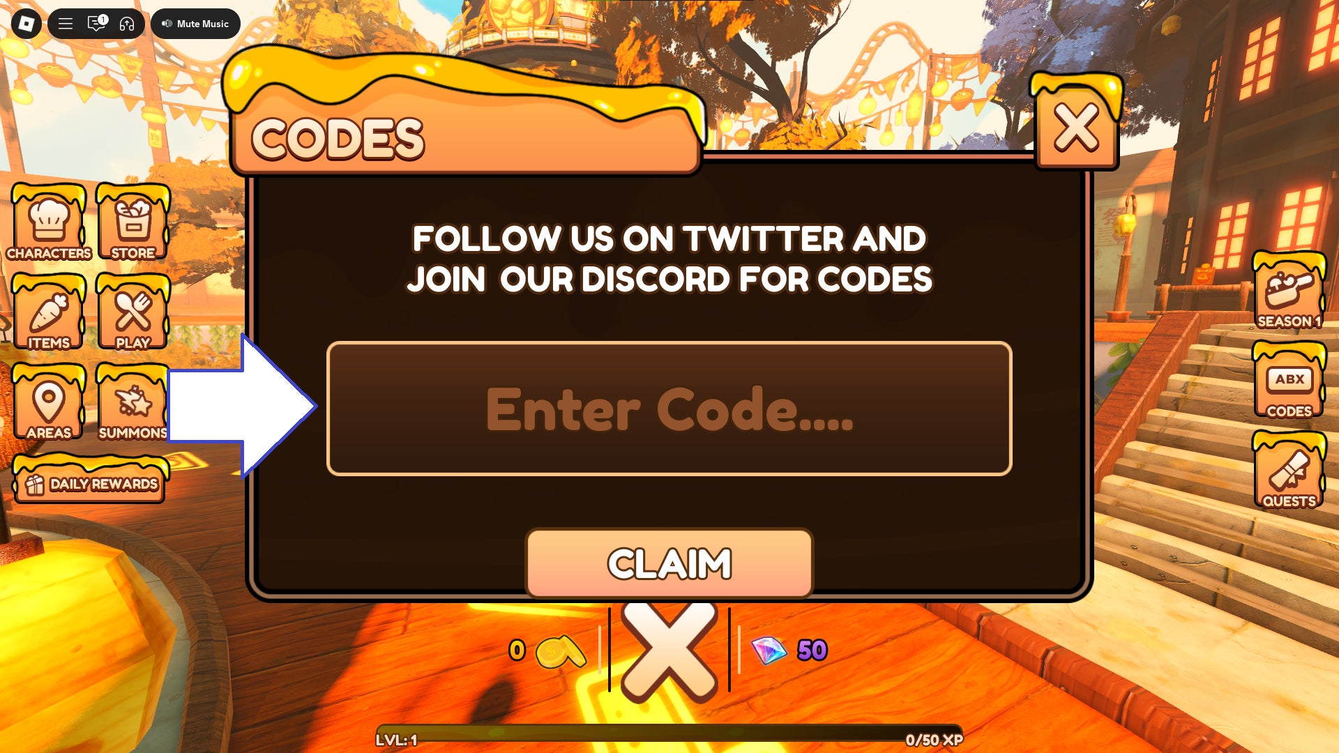 Скриншот Anime Chefs в Roblox, показывающий поле для ввода кодов.