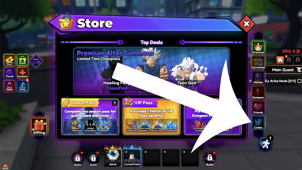 Стрелка указывающая на кнопку кодов в Roblox-игре Anime Rising.