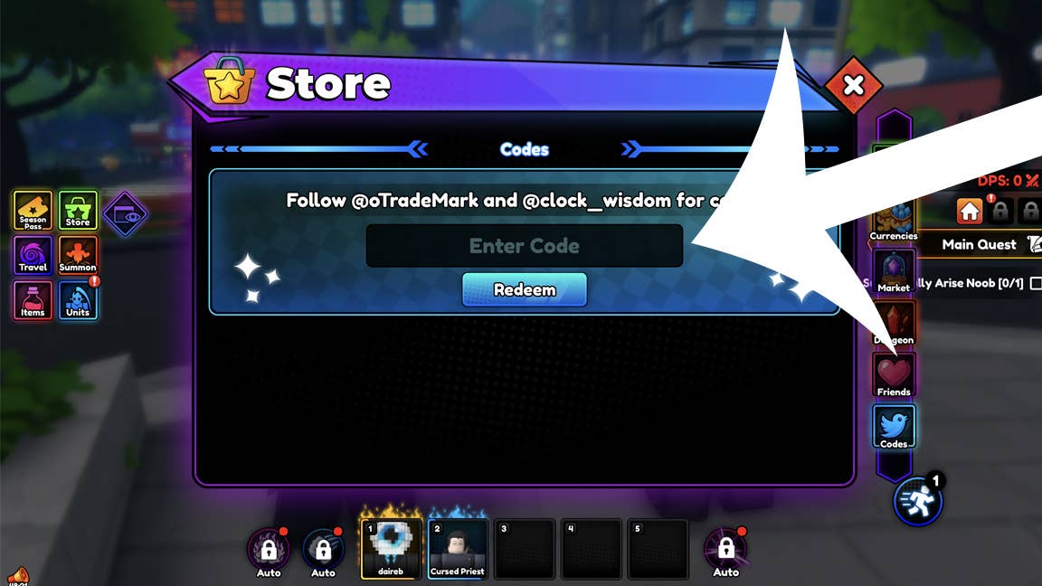 Стрелка указывающая на меню кодов в Roblox-игре Anime Rising.