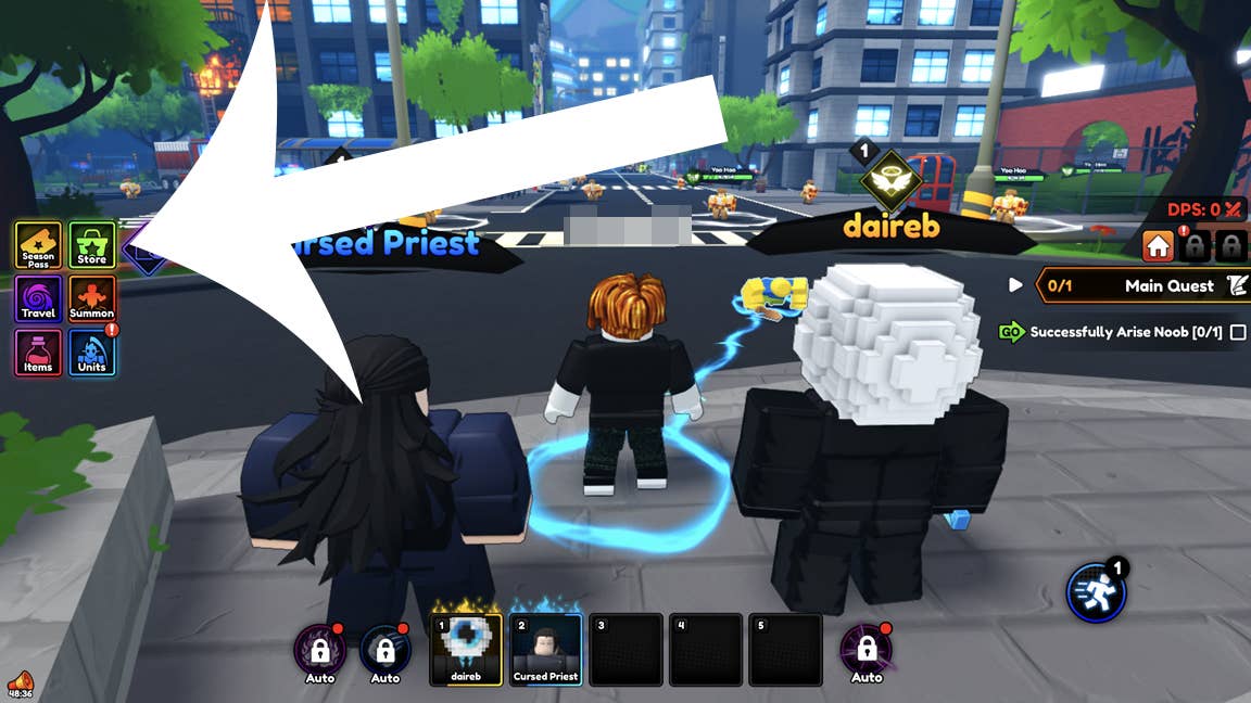 Стрелка указывающая на кнопку магазина в Roblox-игре Anime Rising.