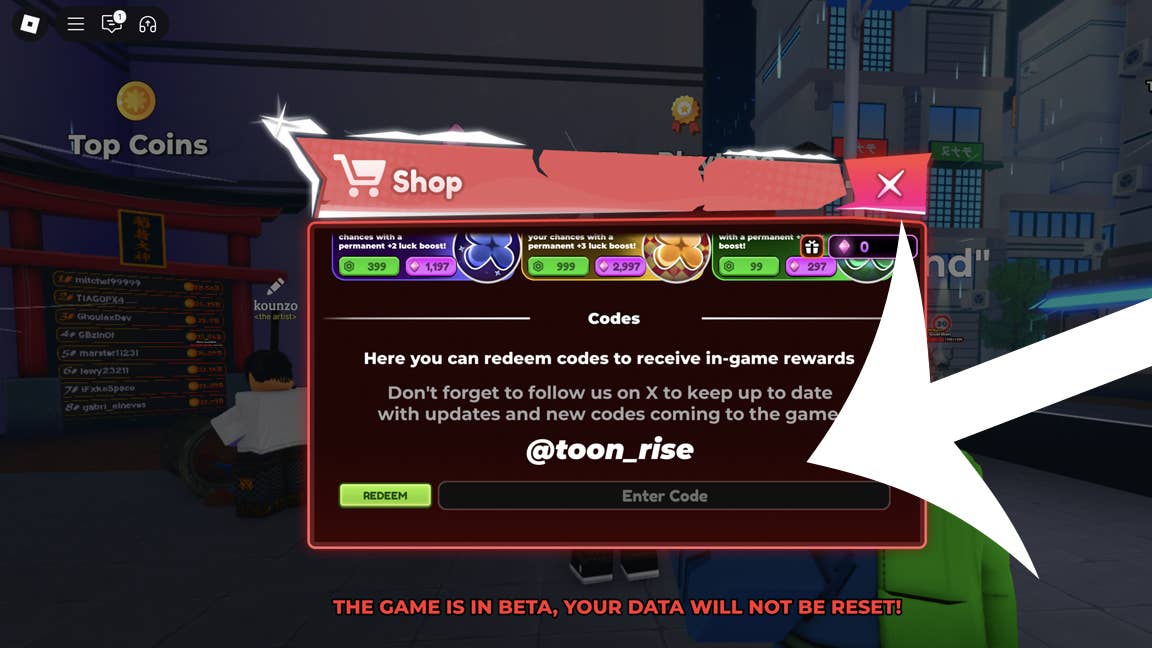 Стрелка, указывающая на меню кодов в Roblox-игре Anime Shadow 2.