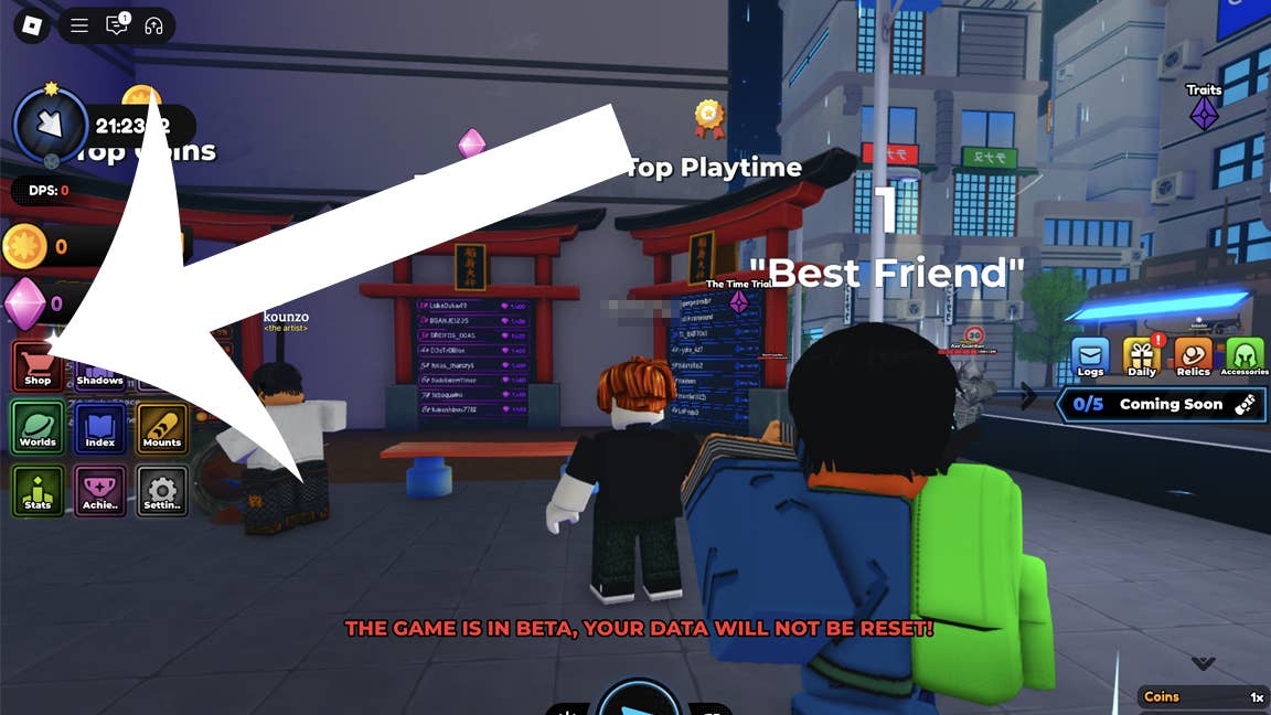 Стрелка, указывающая на кнопку магазина в Roblox-игре Anime Shadow 2.