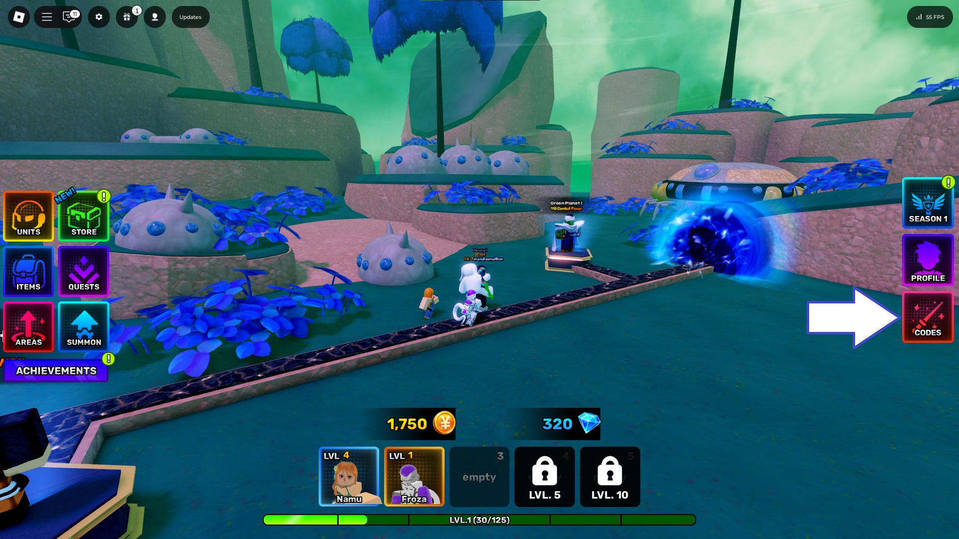 Скриншот Anime Story в Roblox, показывающий кнопку для кодов игры.