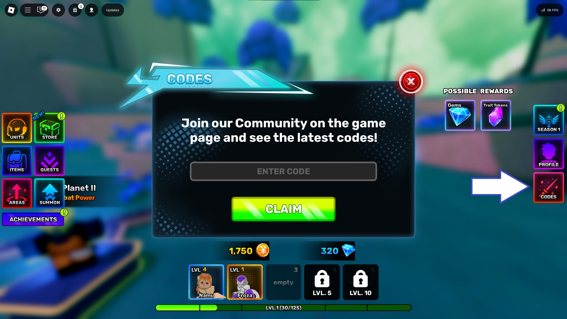 Скриншот Anime Story в Roblox, показывающий поле для ввода кодов игры.