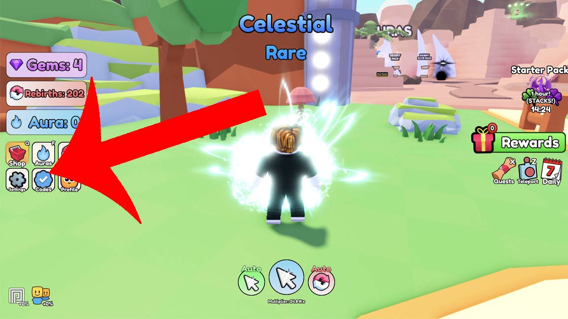 Стрелка, указывающая на кнопку codes в Roblox-игре Aura Farm Simulator.