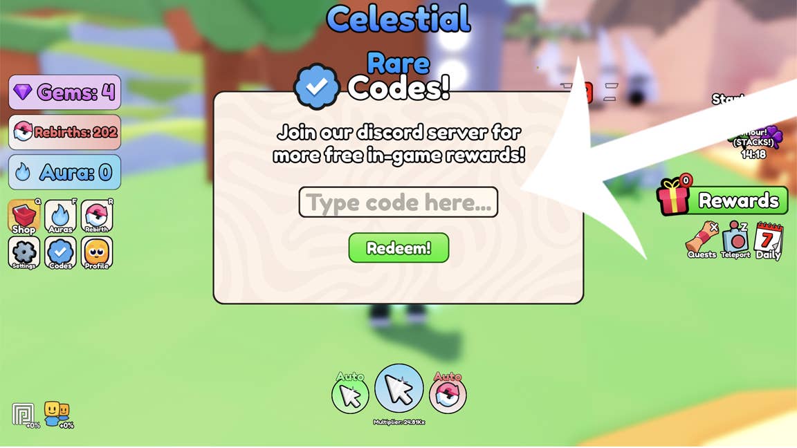 Стрелка, указывающая на меню кодов в Roblox-игре Aura Farm Simulator.