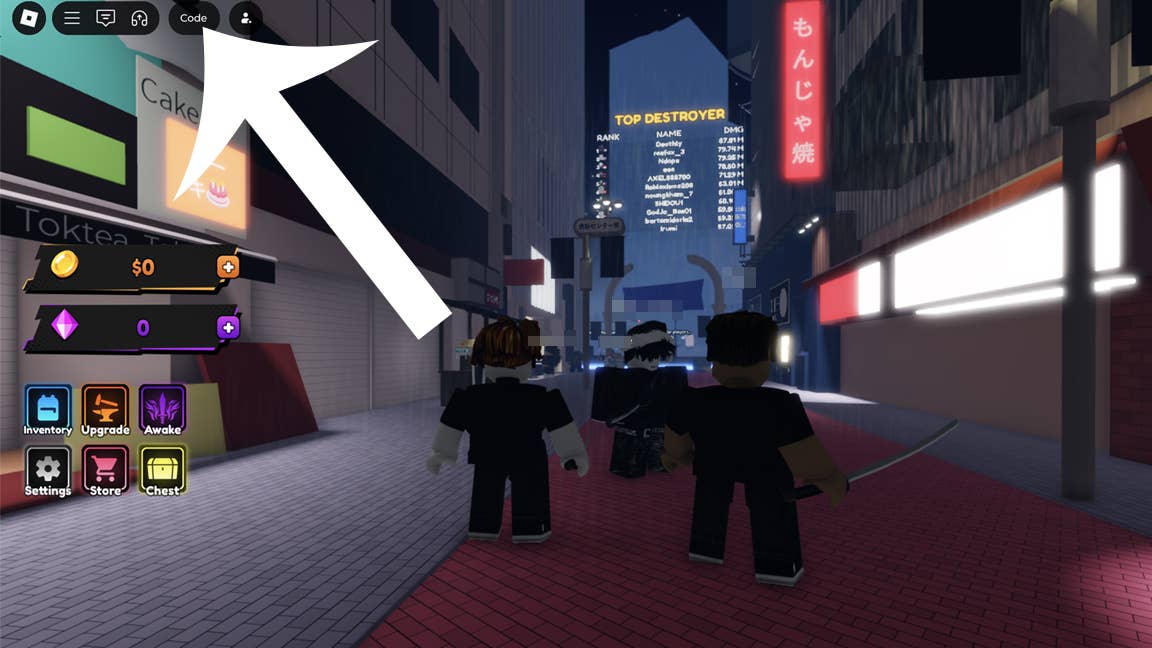 Стрелка, указывающая на кнопку «Code» в игре Blade x Zombies для Roblox.