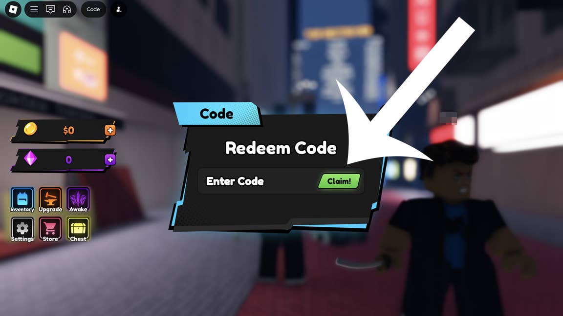 Стрелка, указывающая на меню кодов в игре Blade x Zombies для Roblox.