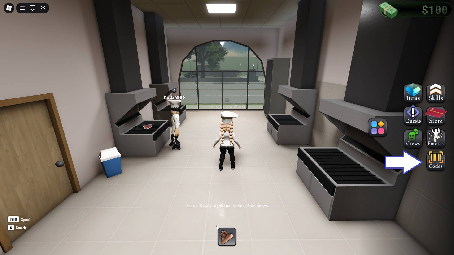 Скриншот BlockSpin в Roblox, показывающий кнопку для ввода кодов.