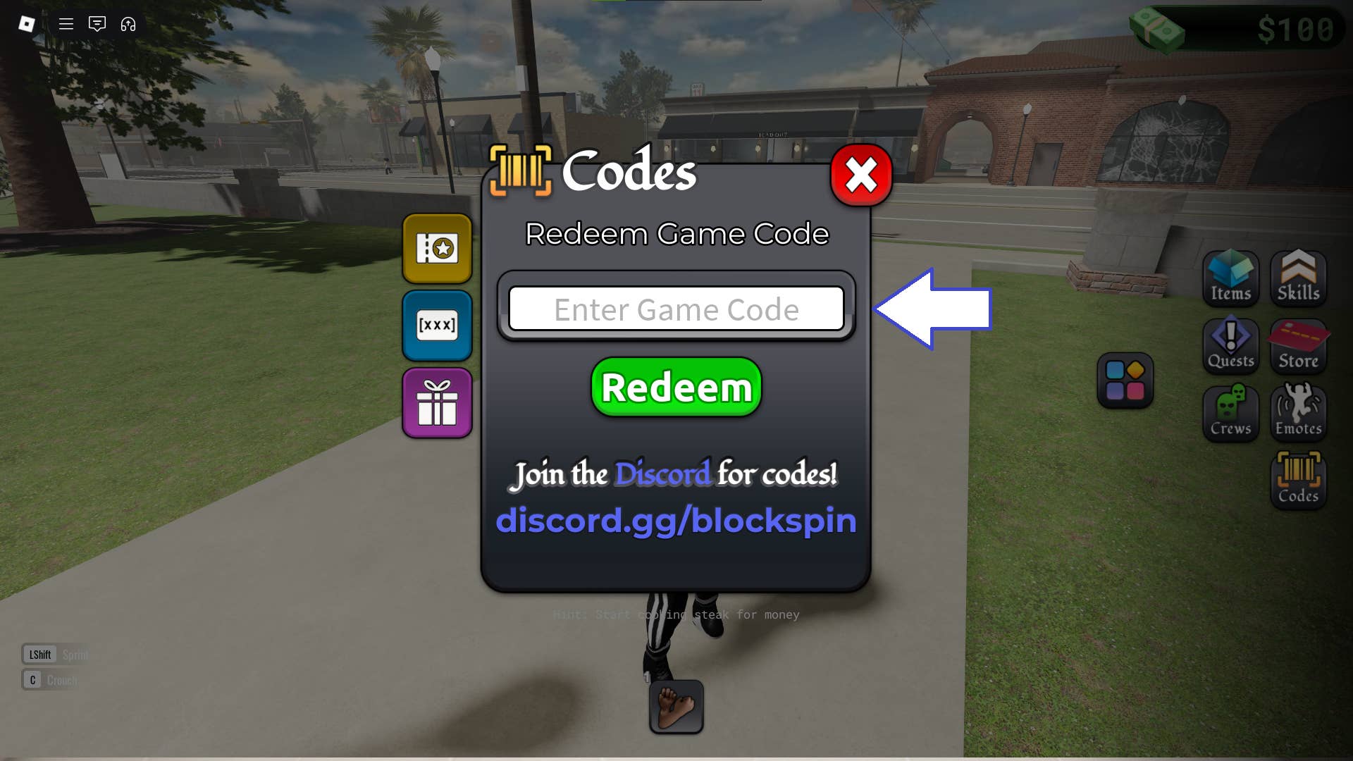 Скриншот BlockSpin в Roblox, показывающий поле для ввода кодов.