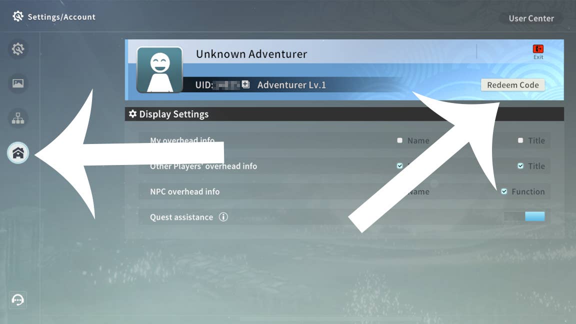 Стрелка, указывающая на кнопки, которые нужно нажать, чтобы перейти к меню кодов в Blue Protocol: Star Resonance.