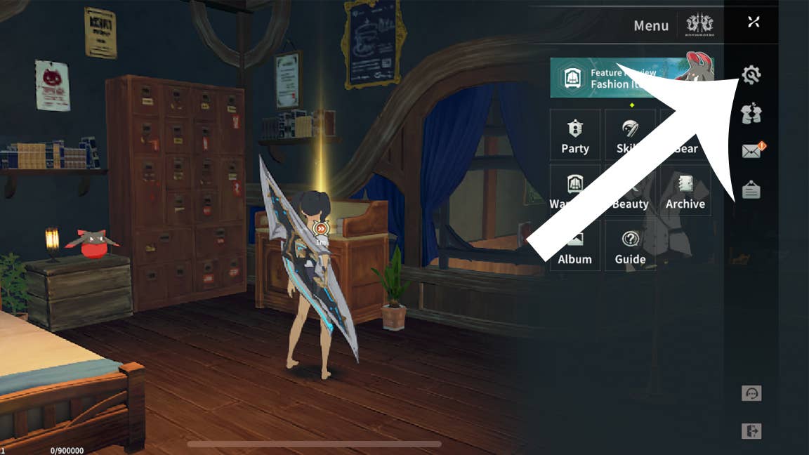 Стрелка, указывающая на кнопку настроек в Blue Protocol: Star Resonance.