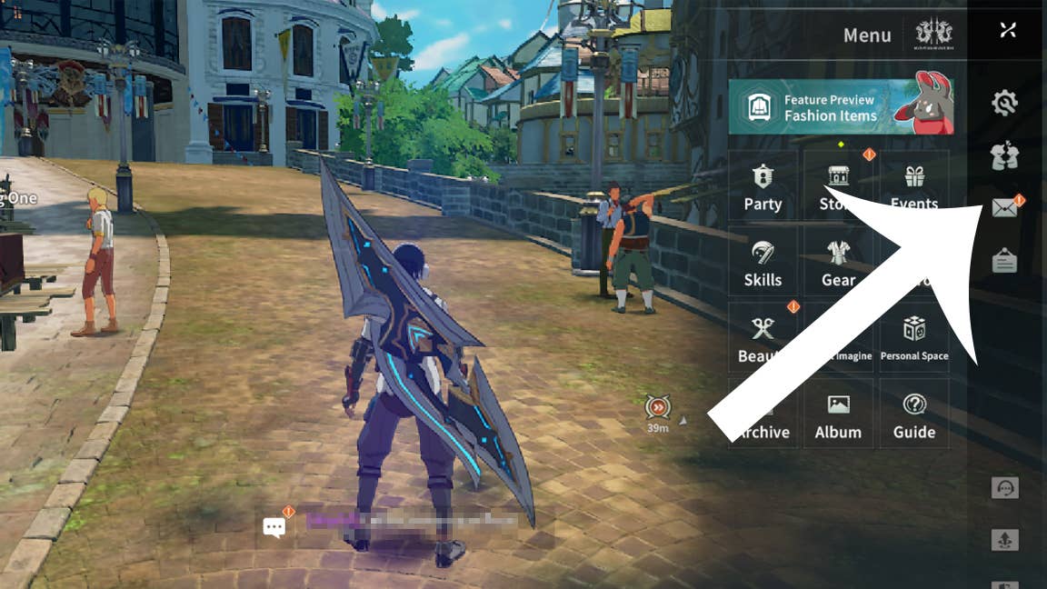 Стрелка, указывающая на кнопку почты в Blue Protocol: Star Resonance.