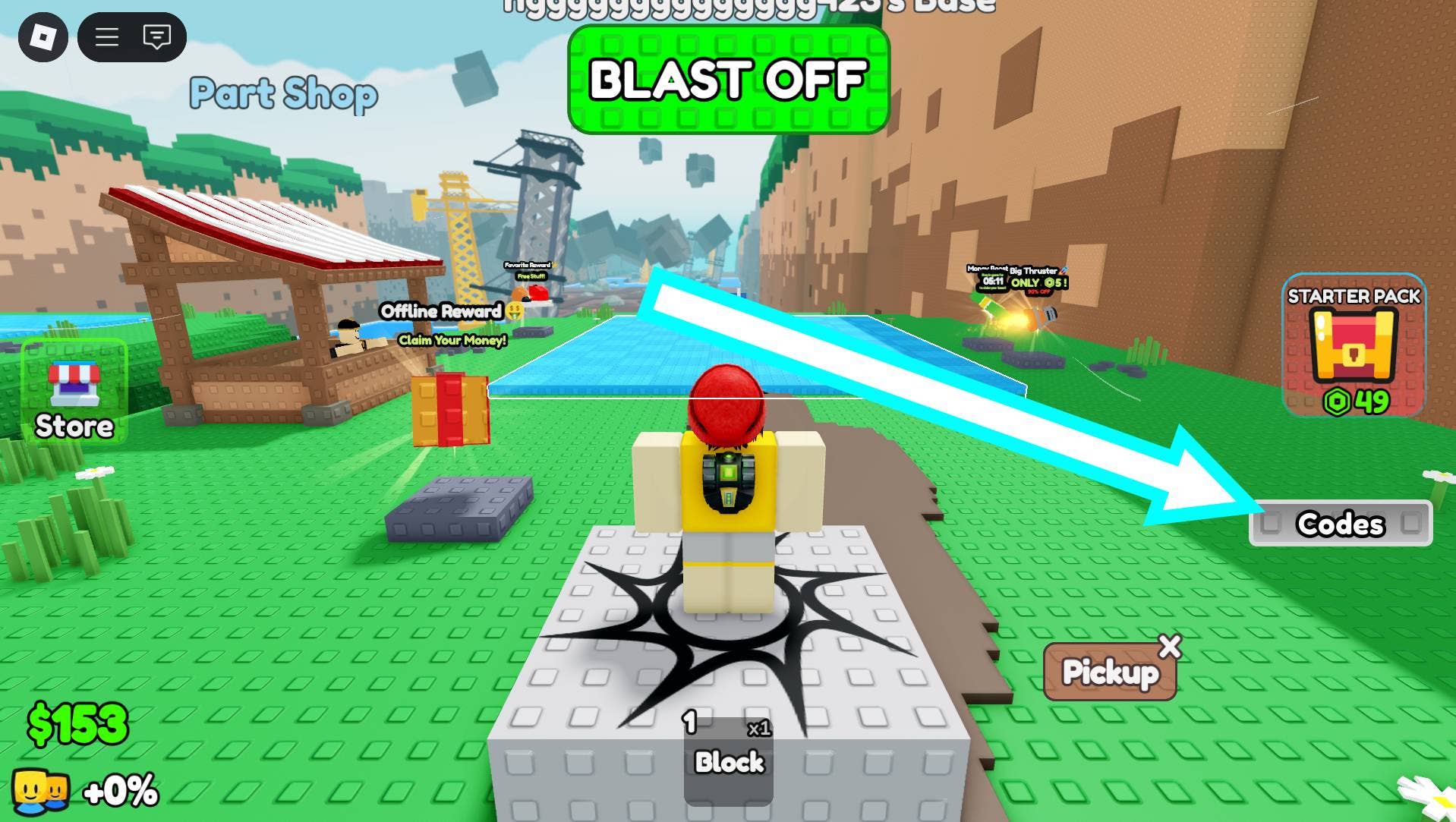 Стрелка в Build a Rocket, указывающая на кнопку 'CODES'.