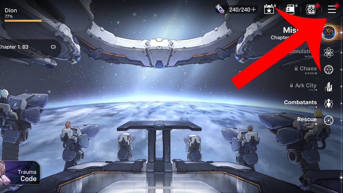 Стрелка, указывающая на основную кнопку внутриигрового меню в лобби Chaos Zero Nightmare.