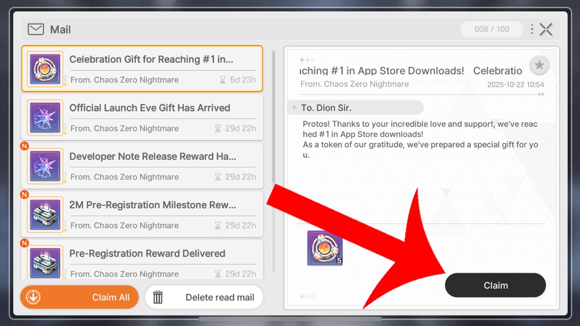 Стрелка, указывающая на кнопку, которую нужно нажать, чтобы получить награду из почты в Chaos Zero Nightmare.