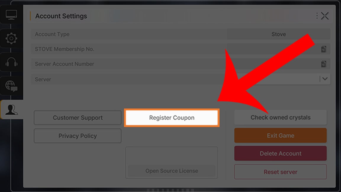 Стрелка, указывающая на кнопку регистрации купона в Android и PC версии Chaos Zero Nightmare.