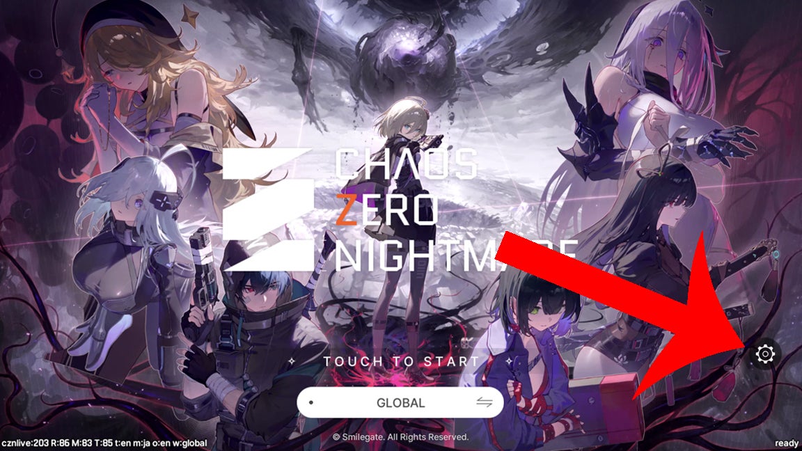 Стрелка, указывающая на кнопку настроек в Chaos Zero Nightmare.