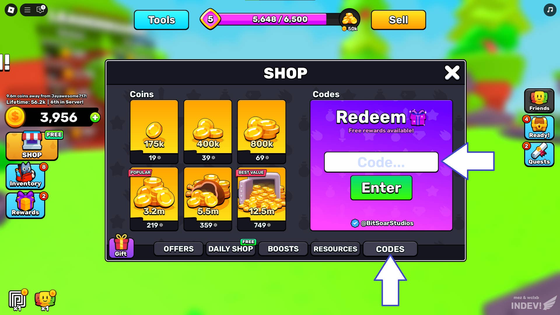 Скриншот Clean It To Keep It в Roblox, показывающий поле для ввода кодов.