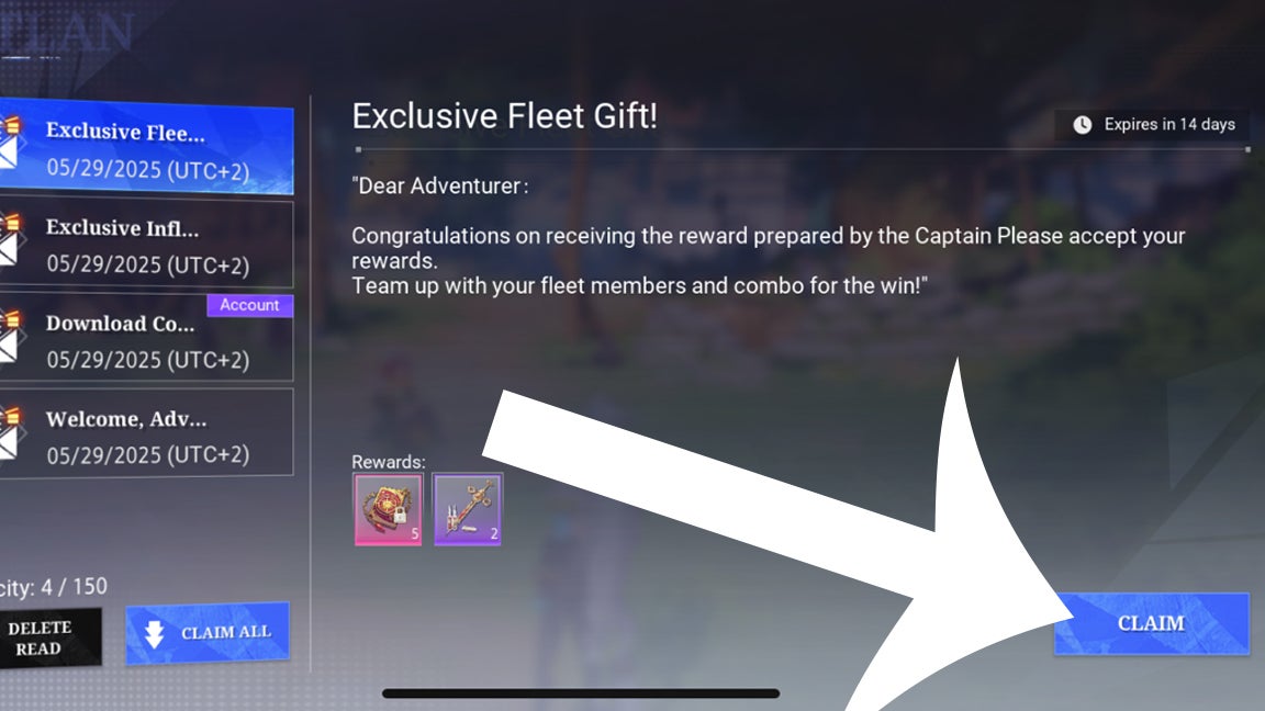 Кнопка 'Получить' в почтовом ящике в Crystal of Atlan.