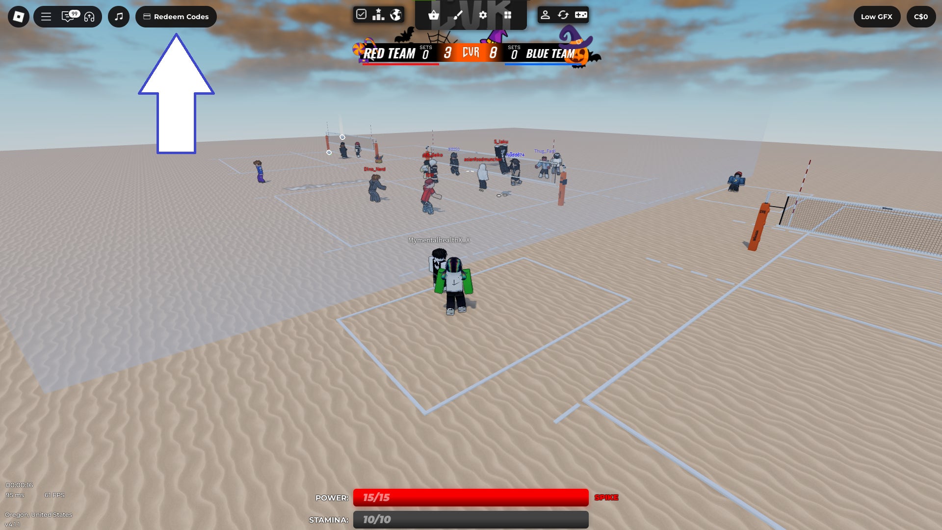 Скриншот CVR в Roblox с кнопкой ввода кодов.