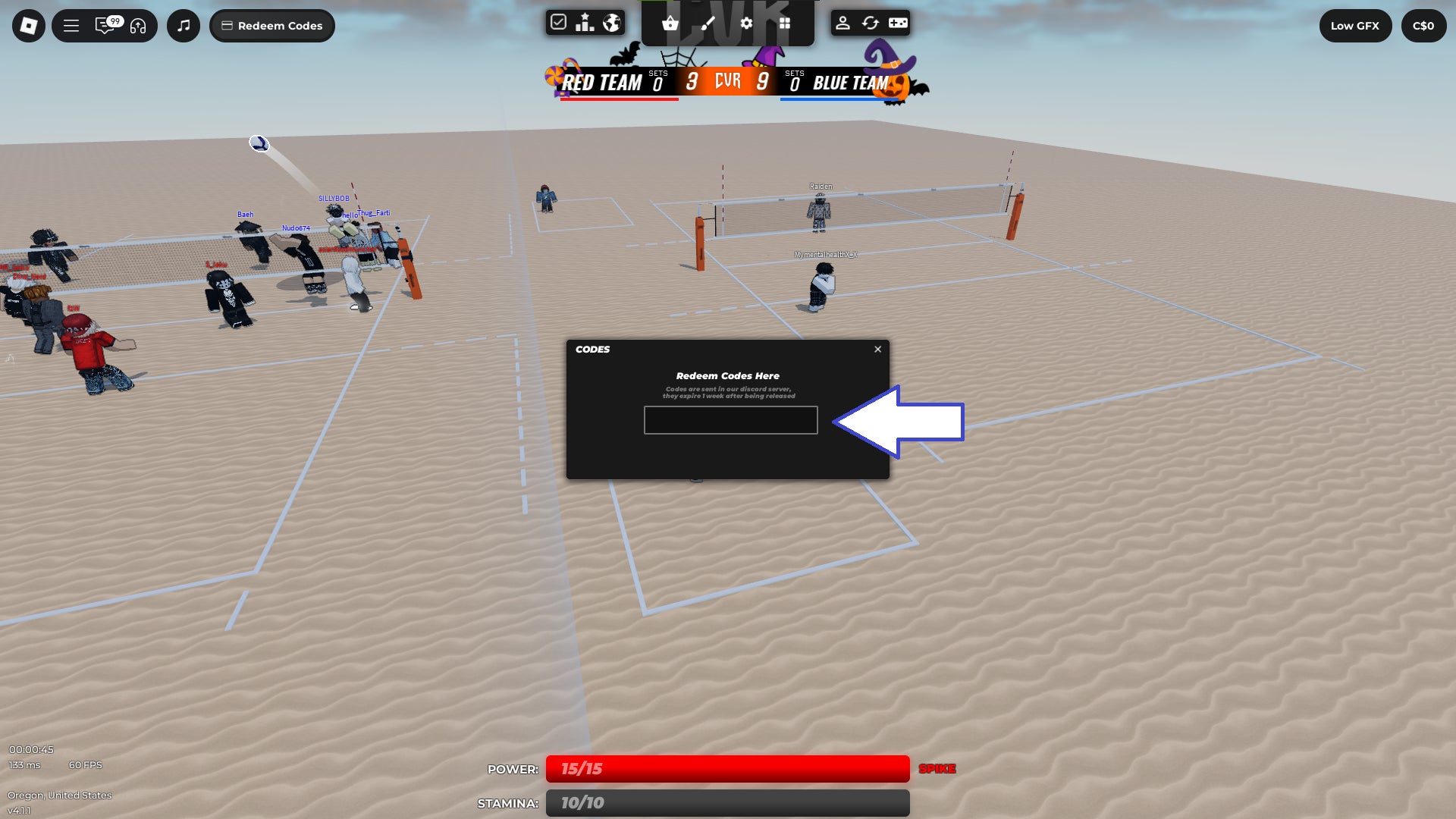 Скриншот CVR в Roblox с полем ввода кодов.