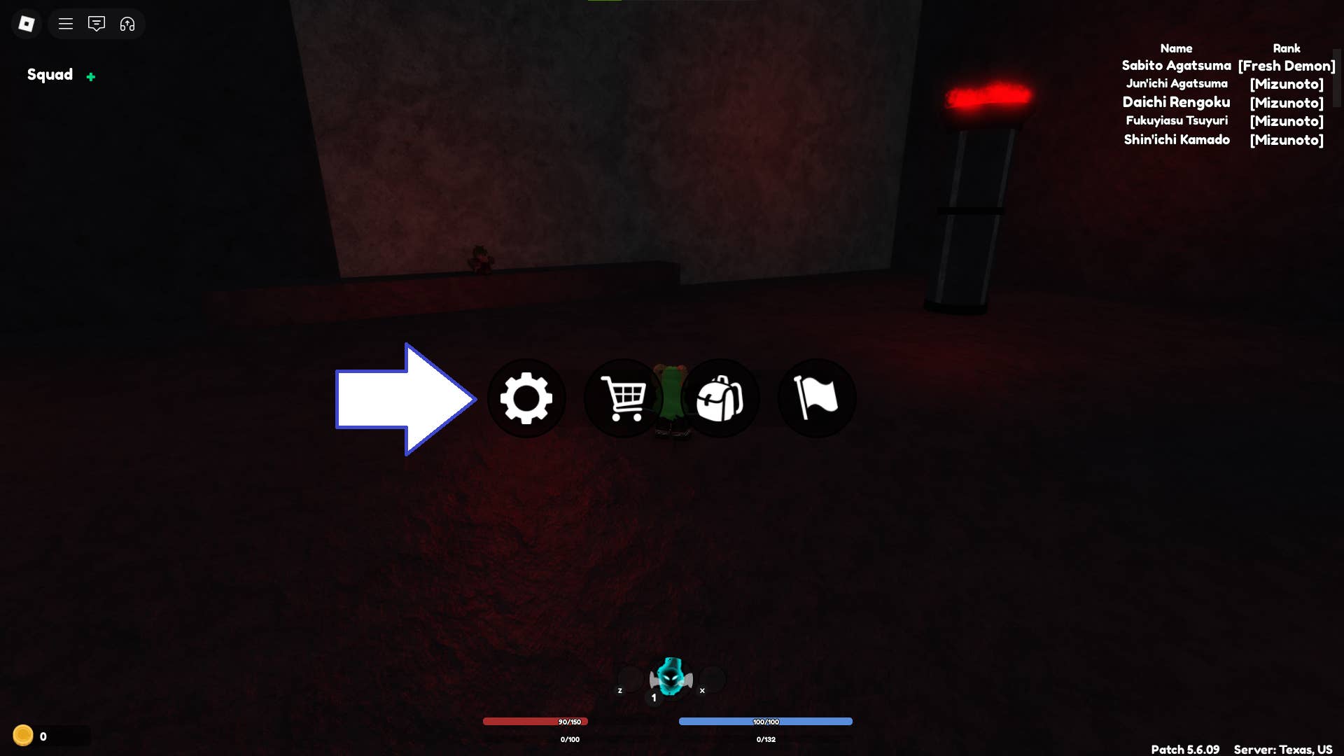 Скриншот Demonfall в Roblox, показывающий кнопку настроек игры.